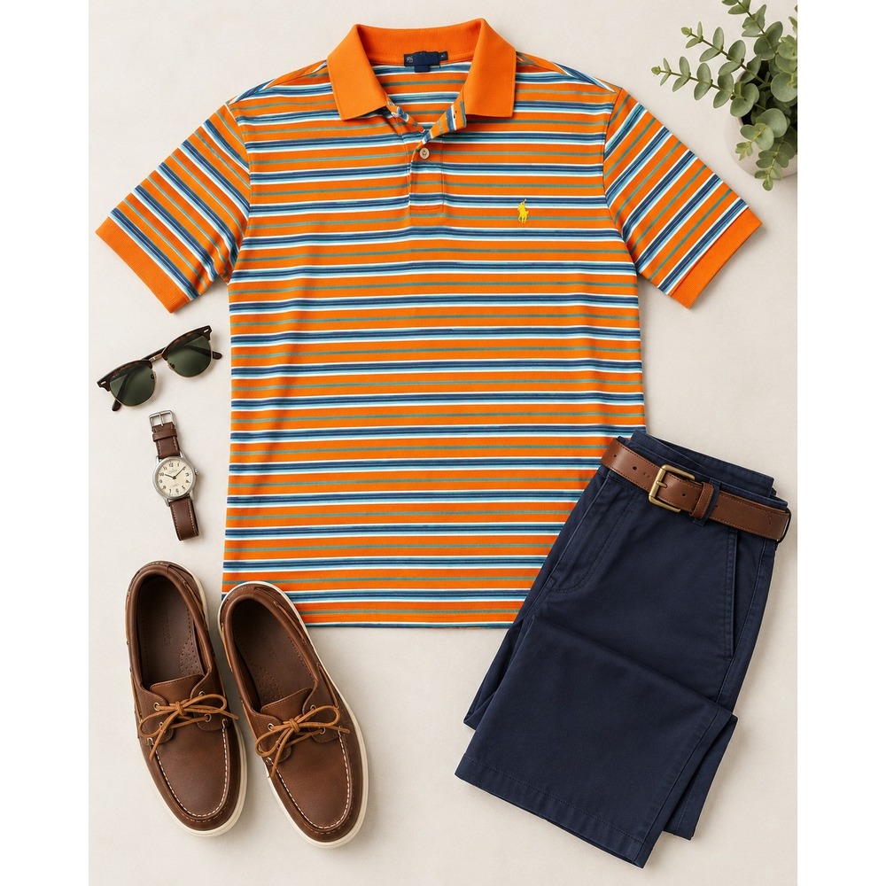 Polo Ralph Lauren Polo Shirt Orange Striped 2XLT Tall Cotton Pony Logo